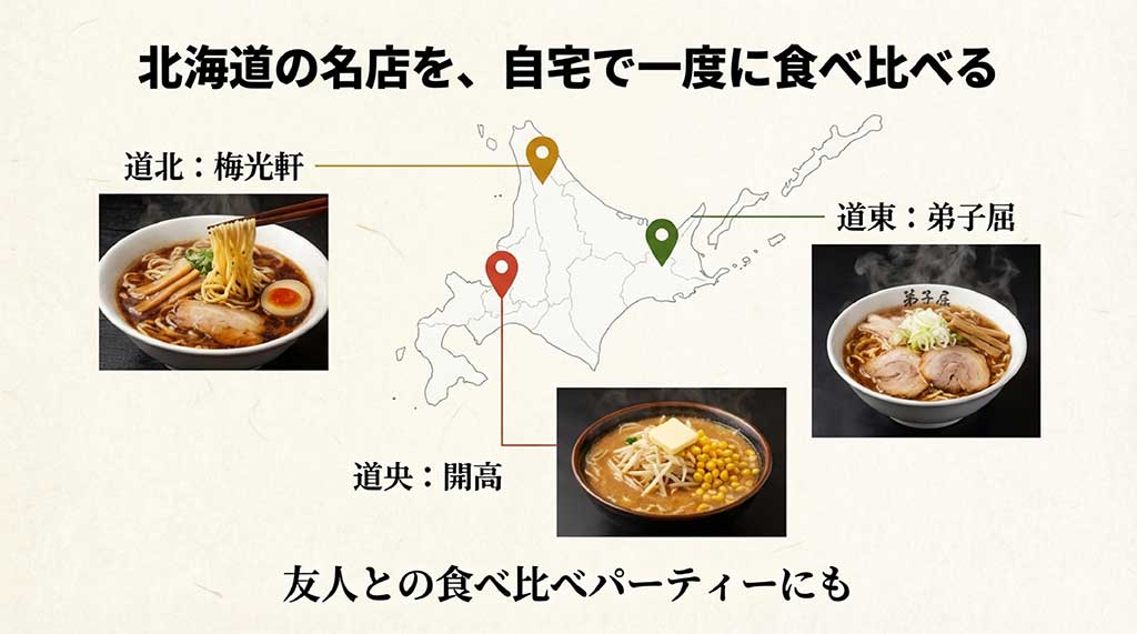 道北の梅光軒、道東の弟子屈、道央の開高の各ラーメン写真と、自宅で食べ比べパーティーを楽しむ提案