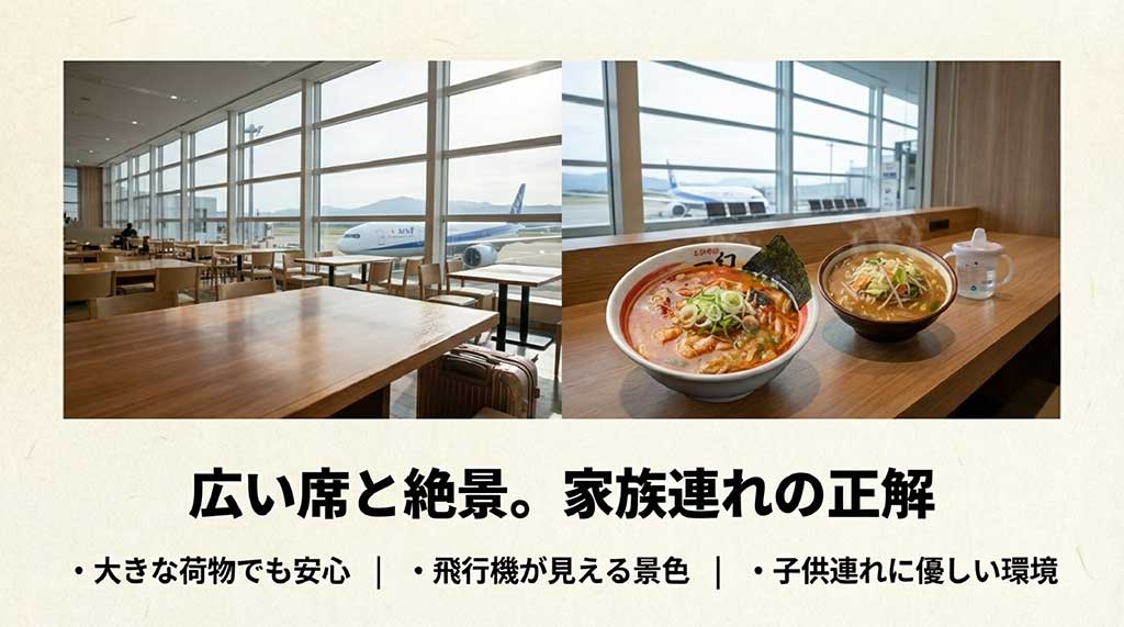 大きな窓から飛行機が見える広い座席で、大きな荷物や子供連れでも安心して食事ができる環境の紹介