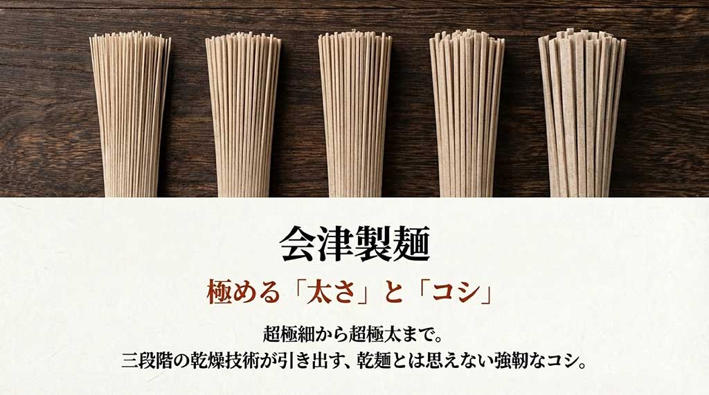 超極細から超極太まで選べる会津製麺のラインナップと三段階の乾燥技術