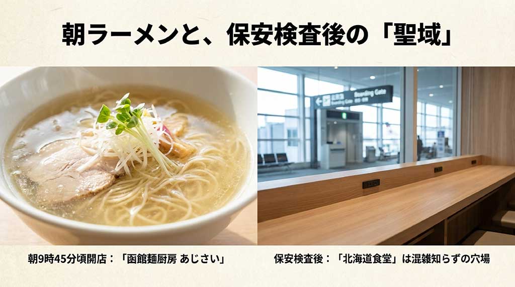 朝9時45分開店のあじさいの塩ラーメンと、保安検査後の空いている「北海道食堂」のカウンター席の様子