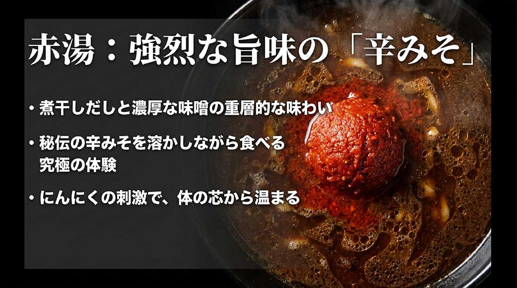 煮干しだしと濃厚な味噌、そして秘伝の辛みそを溶かして食べる赤湯辛みそラーメンの食体験を説明するスライド