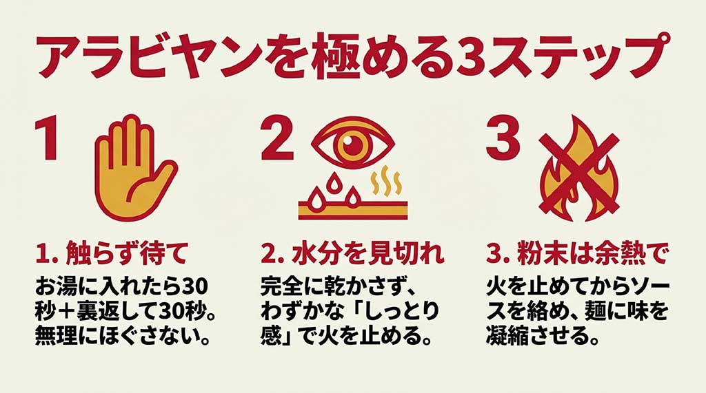 アラビヤンを極める3ステップ（触らず待つ、水分を見極める、粉末は余熱で）を解説するスライド。