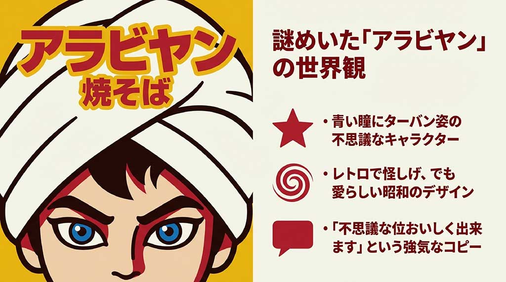 青い瞳にターバン姿のキャラクターと、レトロな昭和のデザインを解説するスライド。