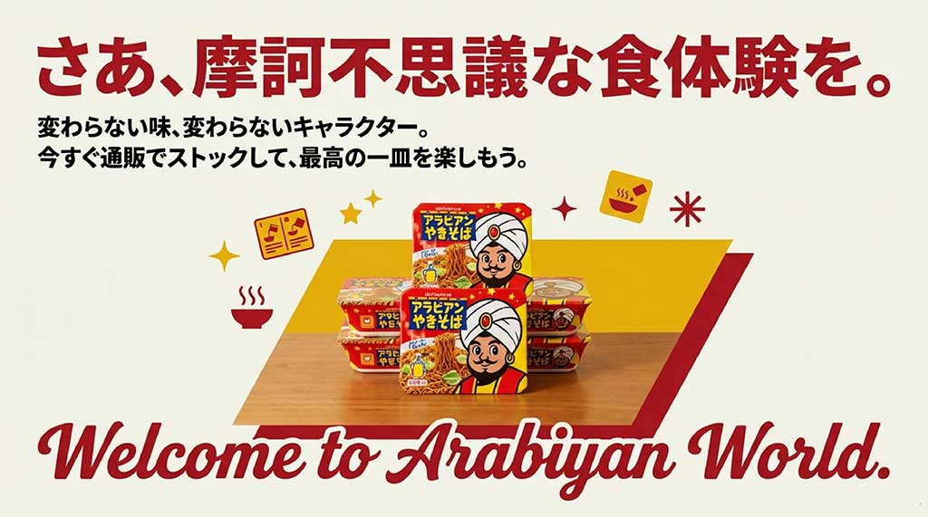 アラビヤン・ワールドへようこそ」というメッセージと共に、通販でのストックを推奨するまとめのスライド。