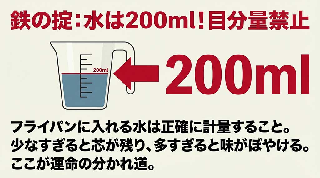 フライパンに入れる水は正確に200ml計量することを強調するスライド。