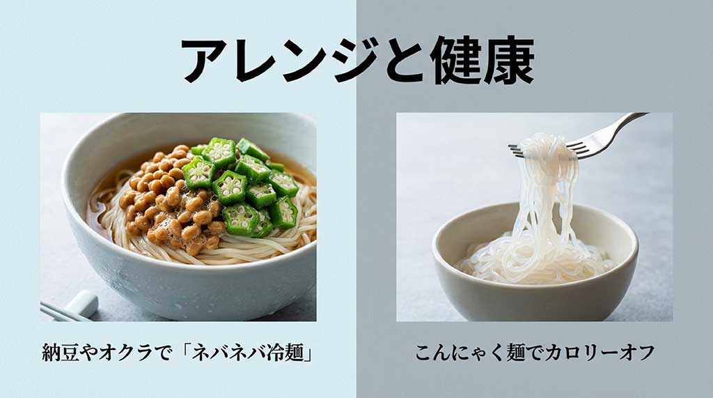 納豆やオクラを乗せたネバネバ冷麺と、カロリーオフのこんにゃく麺のアレンジ例