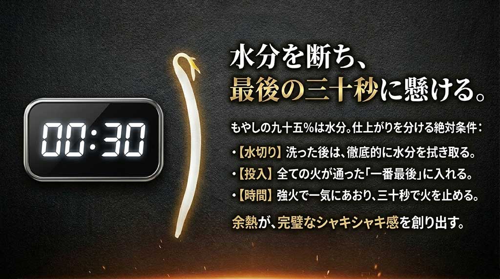 徹底した水切りと強火での一気あおり、余熱の活用を説明する科学的な調理スライド