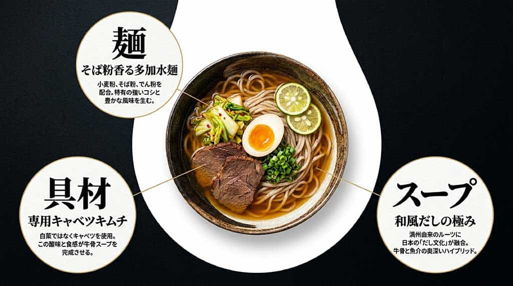 そば粉香る多加水麺、キャベツキムチ、和風だしの極みスープの解説