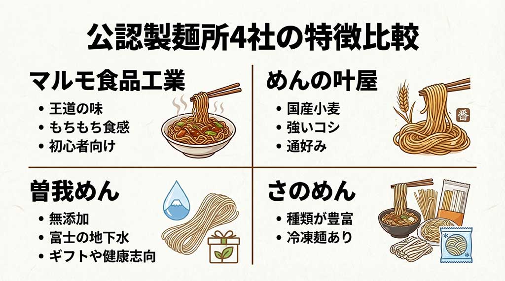 マルモ食品工業、曽我めん、めんの叶屋、さのめんの4社の麺の特徴やターゲットを比較した図解。