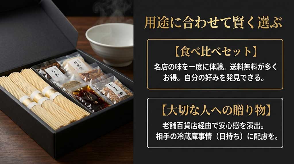 食べ比べセットでの好み発見と、大切な人への贈り物における配慮ポイントをまとめたスライド