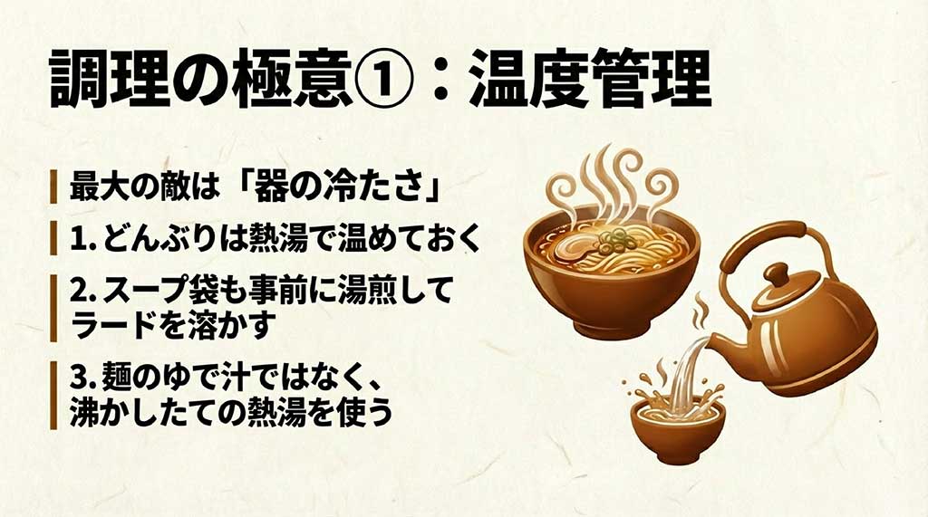 どんぶりを熱湯で温め、スープ袋を湯煎してラードを溶かす手順。沸かしたての熱湯を使うことが重要