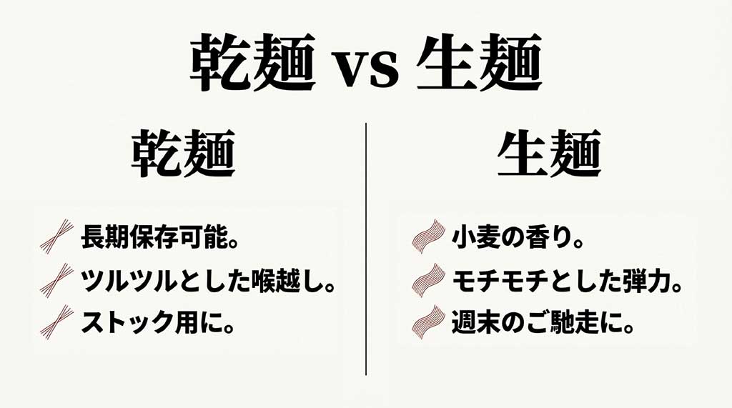 長期保存と喉越しの「乾麺」と、小麦の香りと弾力の「生麺」の使い分けを比較した表