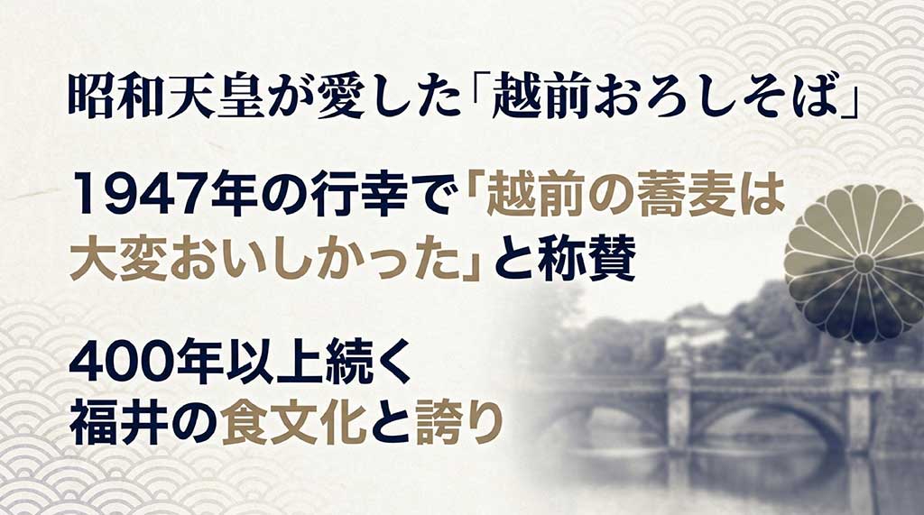 1947年の昭和天皇行幸により「越前おろしそば」と命名された歴史を解説する図解スライド