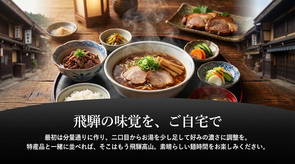 自宅で好みの濃さに調整して楽しむ飛騨高山ラーメン。素晴らしい麺時間を提案するスライド