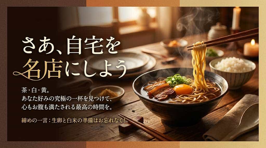 徳島ラーメンの茶・白・黄の各系統から自分好みの一杯を見つけ、最高な時間を過ごそうというメッセージスライド