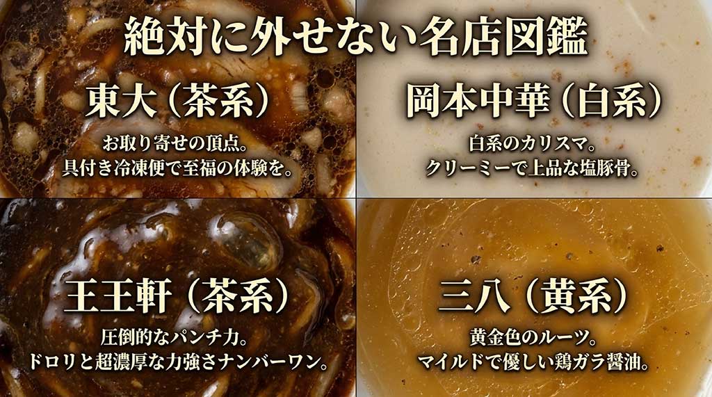 東大、岡本中華、王王軒、三八といった徳島ラーメンの各系統を代表する名店のロゴと特徴をまとめた図鑑