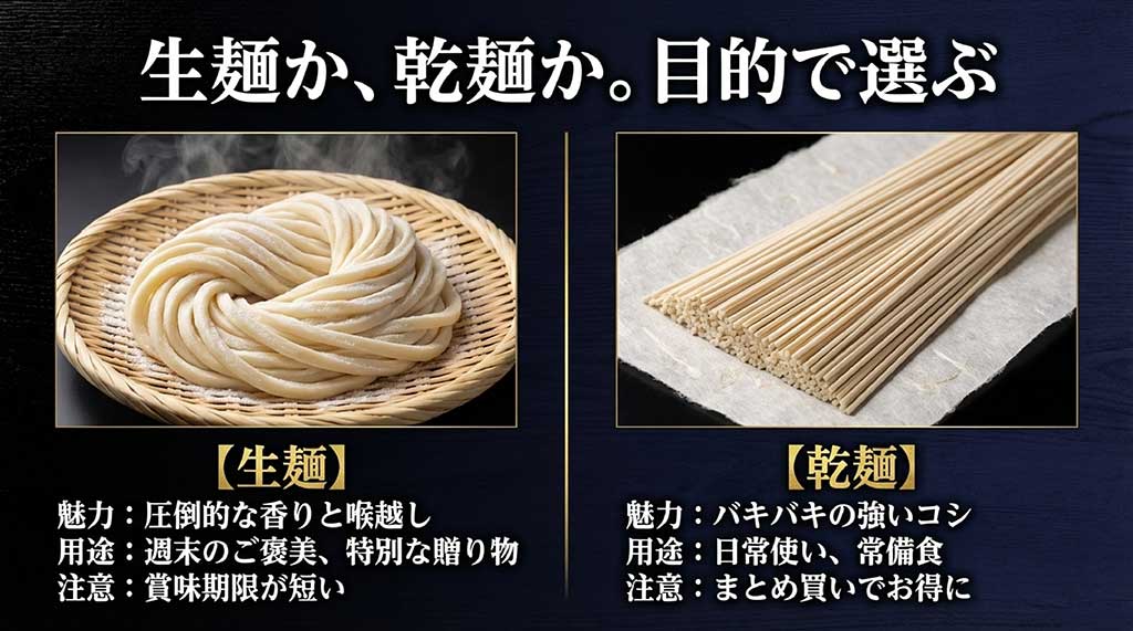 香りの生麺とコシの乾麺、それぞれの魅力と用途、注意点の比較表スライド