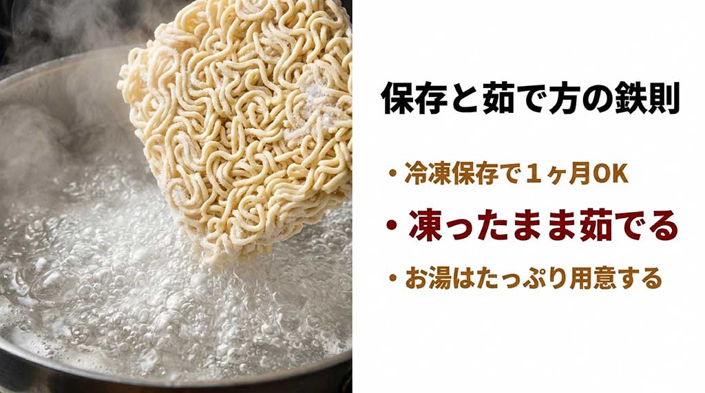 生麺を冷凍保存して1ヶ月持たせる方法と、凍ったままたっぷりのお湯で茹でる調理のポイントを解説する画像。