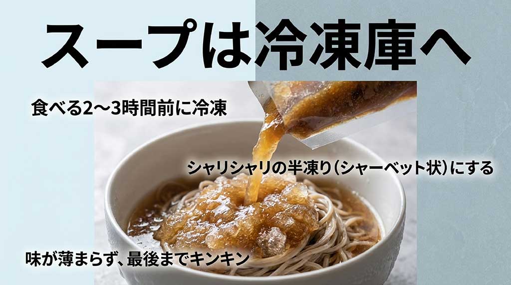 食べる2〜3時間前に冷凍し、スープをシャーベット状にすることで味が薄まらず最後まで冷たく食べるコツ