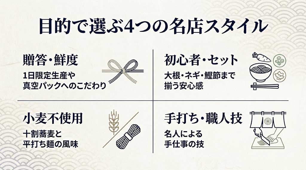 けんぞう蕎麦、越前そばの里、あみだそば、九頭龍工房の4店舗のこだわりと推奨シーンをまとめた比較スライド