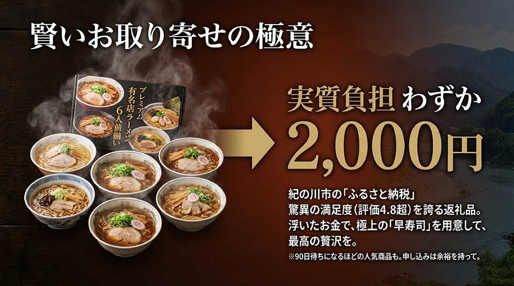 実質負担2,000円で名店の味が楽しめる紀の川市のふるさと納税返礼品の魅力を説明するスライド