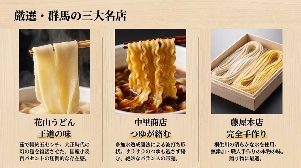 群馬のひもかわうどん有名店「花山うどん」「中里商店」「藤屋本店」のこだわりと麺の特徴をまとめた比較スライド