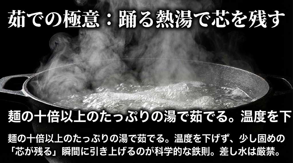 たっぷりのお湯で茹で、少し芯が残る瞬間に引き上げるという半田そうめんを美味しく茹でる科学的な鉄則を解説したスライド