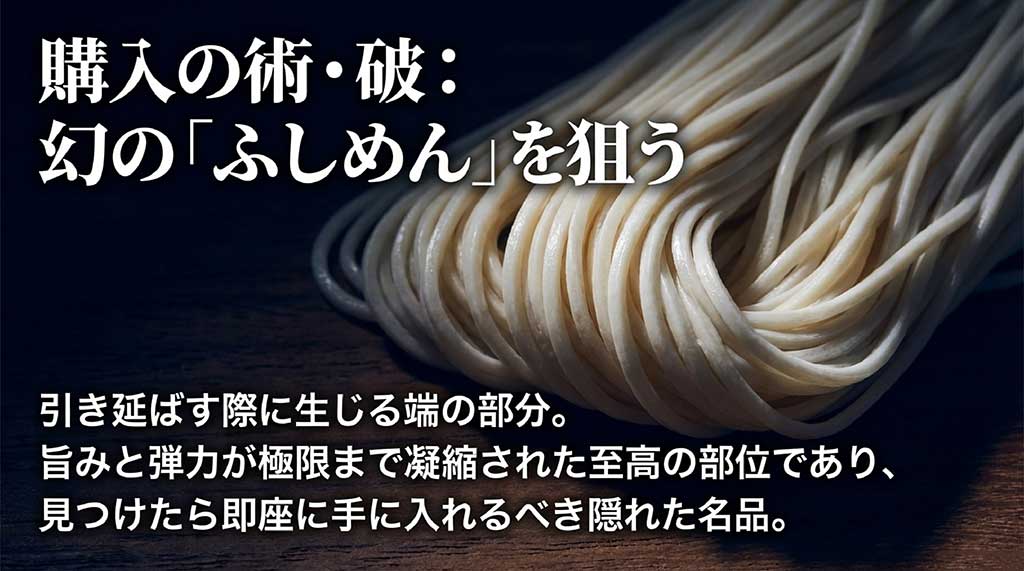 麺の引き延ばし端で旨みと弾力が凝縮された希少部位「ふしめん」の魅力を解説するスライド