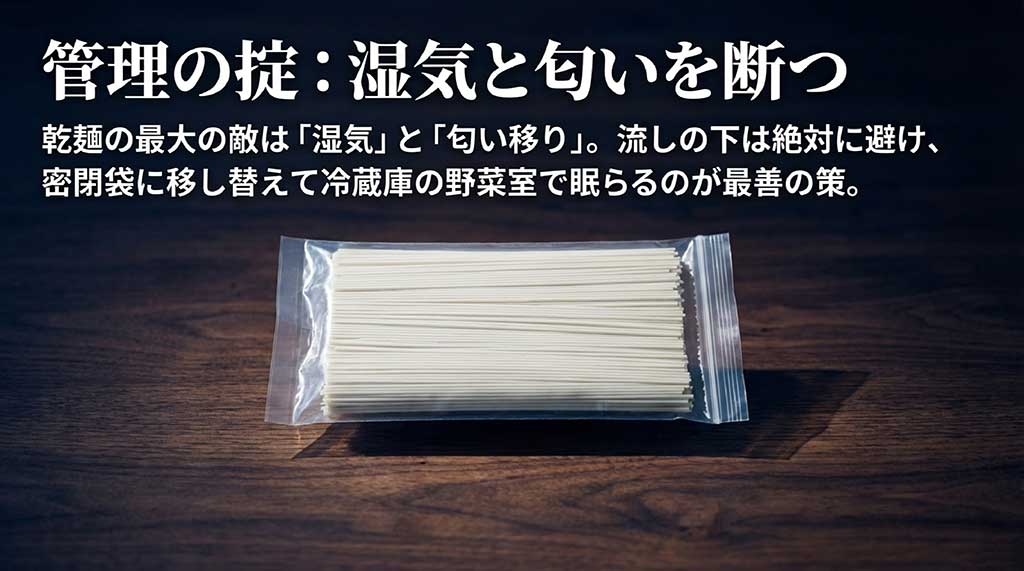 乾麺の敵である湿気と匂い移りを防ぐため、密閉袋に移して冷蔵庫の野菜室で保管することを推奨するスライド