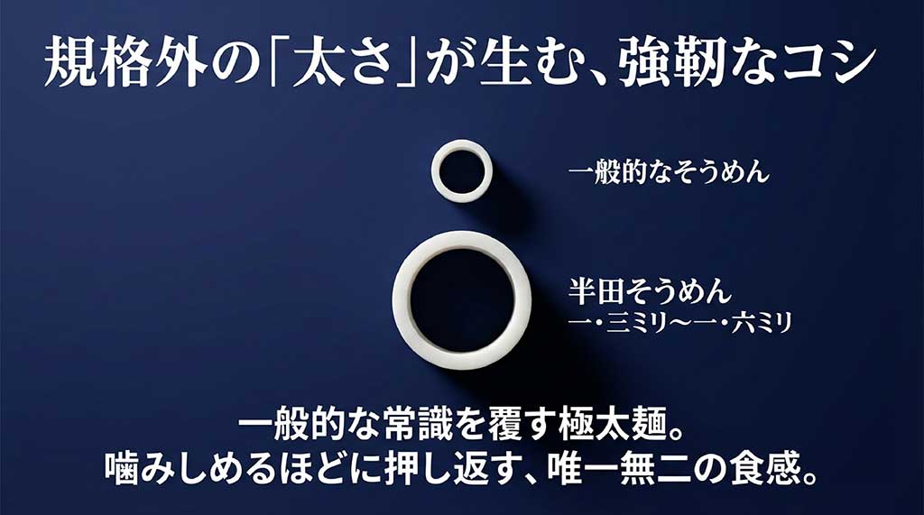 一般的なそうめんと比較して、半田そうめんがいかに太いか（1.3mm〜1.6mm）を解説したスライド。規格外の太さが強靭なコシを生む