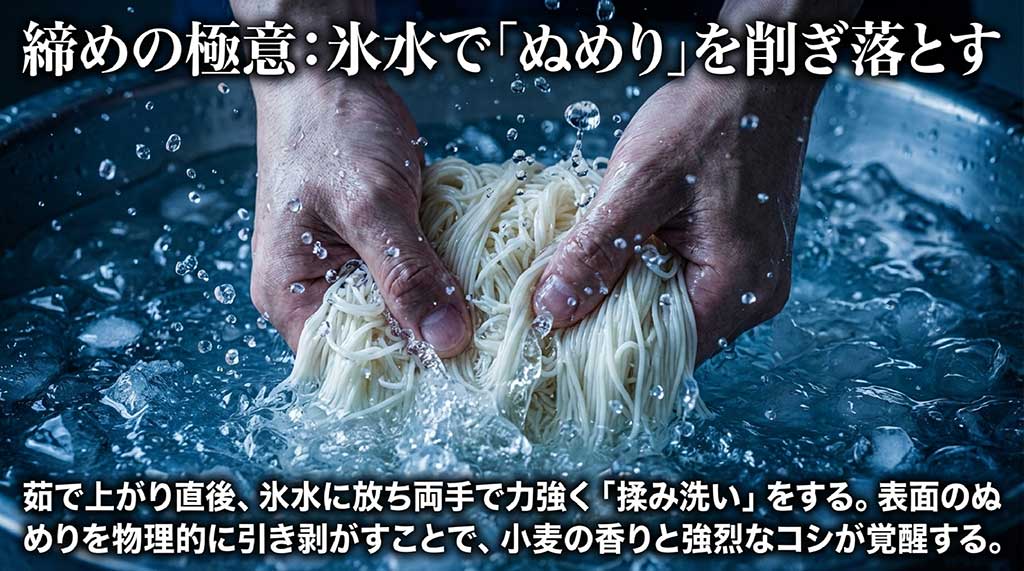 茹で上がり直後、氷水で力強く揉み洗いをして表面のぬめりを取ることで、コシと香りを覚醒させる手順を説明したスライド