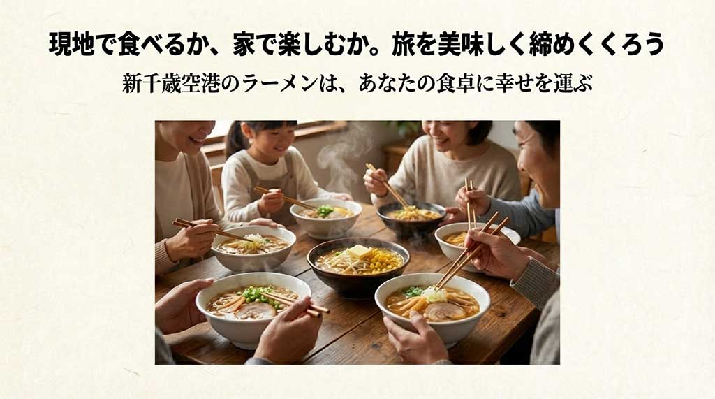 家族全員で自宅の食卓を囲み、北海道の名店ラーメンを笑顔で楽しんでいる様子