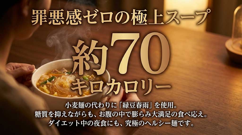 小麦麺の代わりに緑豆春雨を使用し、糖質を抑えた約70キロカロリーのヘルシーな一杯についての解説
