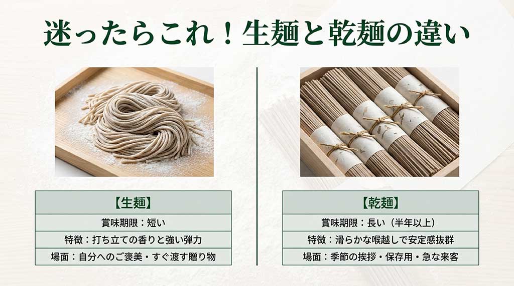 へぎそばの生麺と乾麺の賞味期限、特徴、おすすめの利用シーン比較表