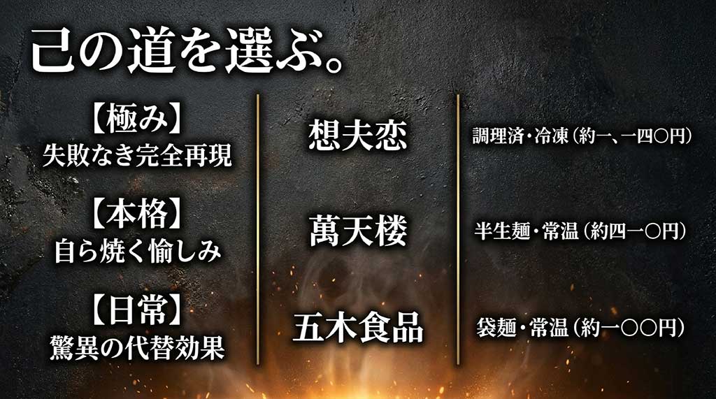 想夫恋(調理済み)、萬天楼(半生麺)、五木食品(袋麺)の価格と特徴を比較した図