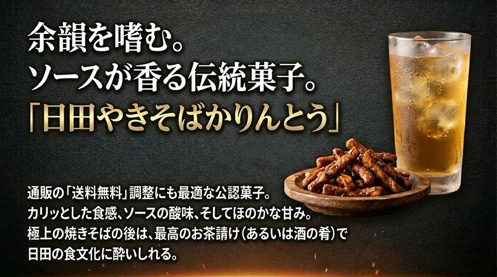 送料無料の調整にも最適な、日田焼きそば風味の公認菓子の紹介スライド