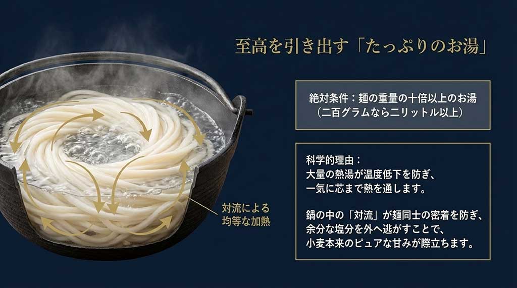 大量のお湯が温度低下を防ぎ、対流で均等に加熱する科学的な茹で方の条件を説明するスライド