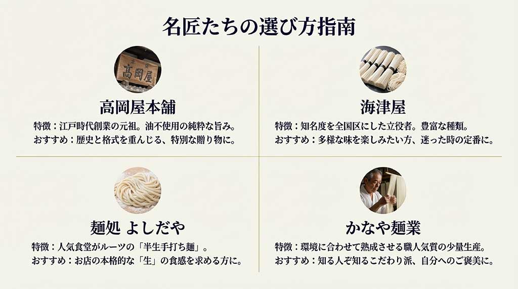 高岡屋本舗、海津屋、麺処よしだや、かなや麺業の各ブランドの特徴とおすすめの選び方をまとめたスライド