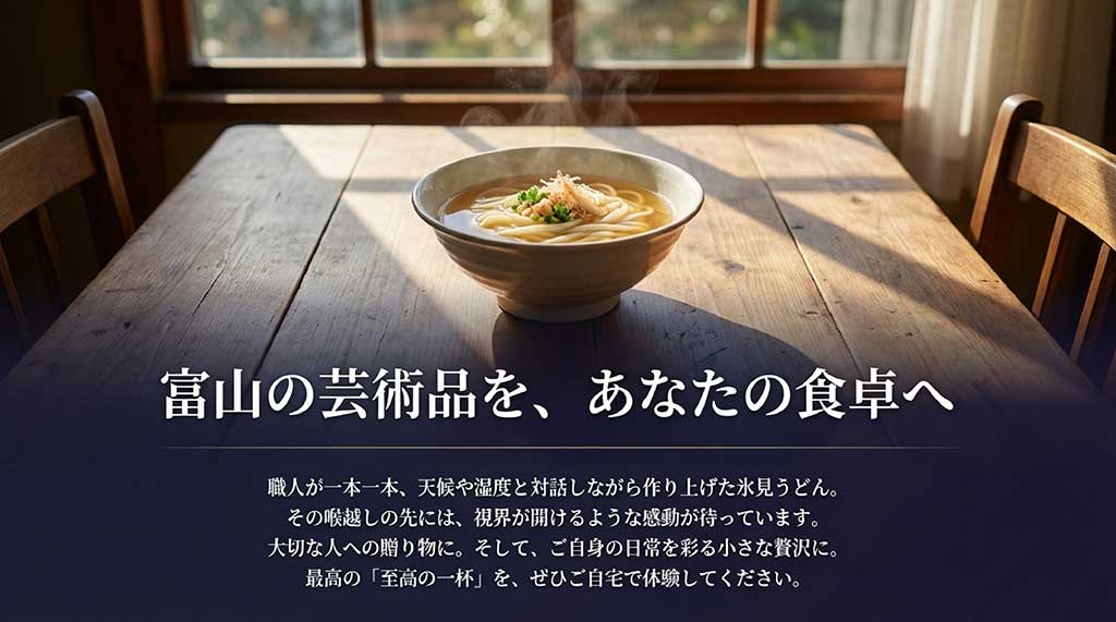 職人の想いが詰まった氷見うどんを大切な人への贈り物や自分への贅沢に勧める、感動を届けるメッセージスライド