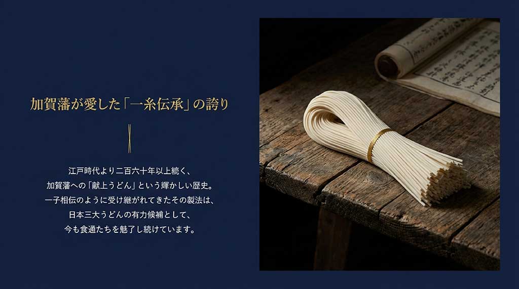 江戸時代から260年以上続く、加賀藩への献上うどんとしての氷見うどんの歴史を解説するスライド
