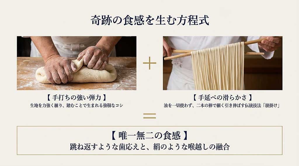 油を使わない伝統技法「綾掛け」と手打ちの工程を組み合わせた、氷見うどん独自の食感の秘密を示す図解