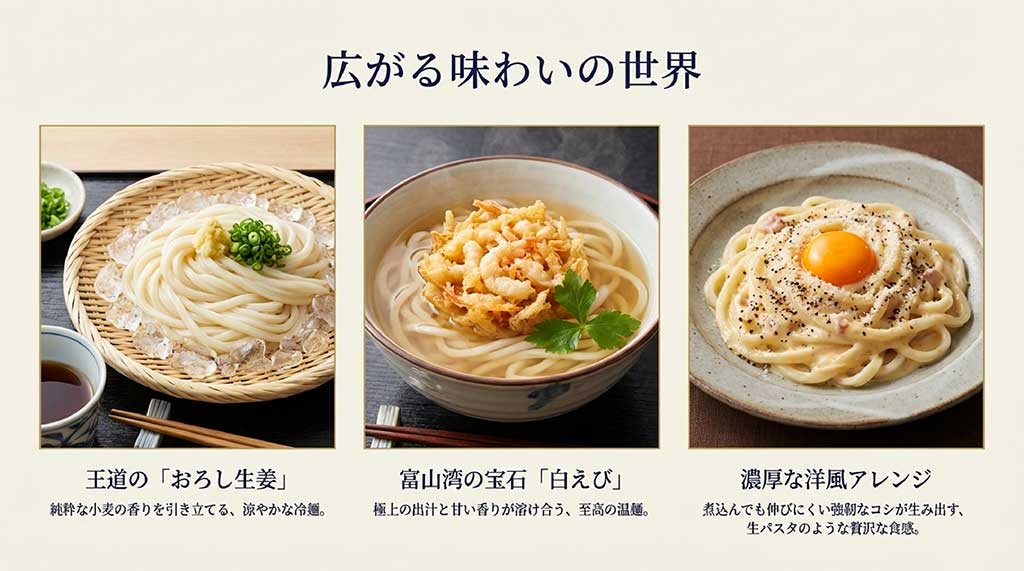 おろし生姜の冷麺、白えびの温麺、カルボナーラ風アレンジなど、氷見うどんの多彩な食べ方のバリエーション
