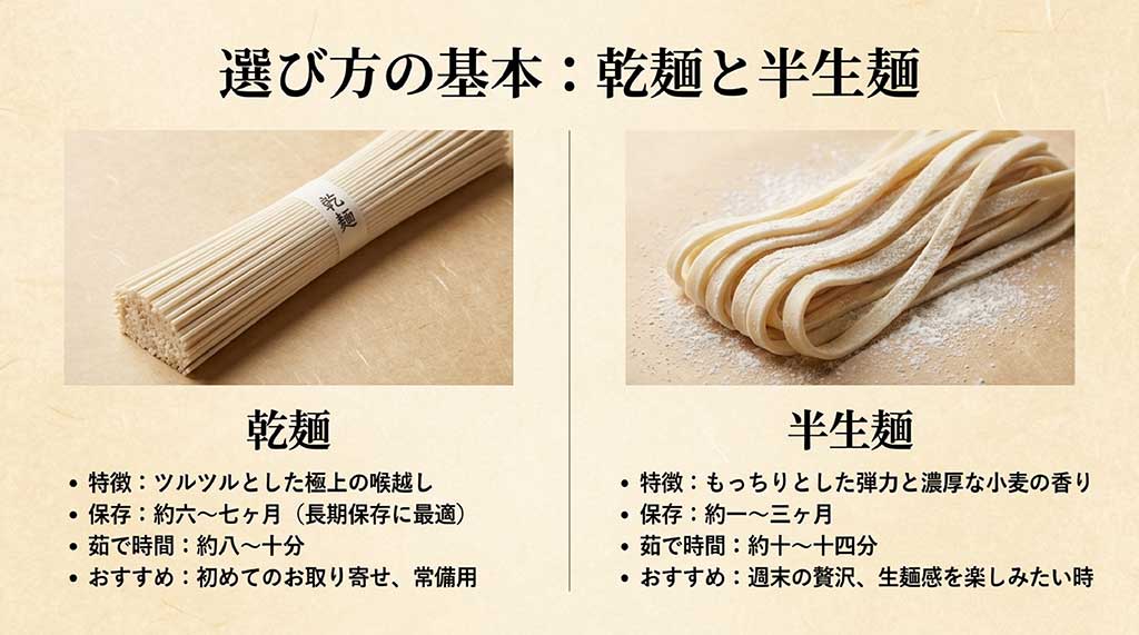 ひもかわうどんの乾麺（長期保存・喉越し重視）と半生麺（弾力・小麦の香り重視）の保存期間や茹で時間の比較表