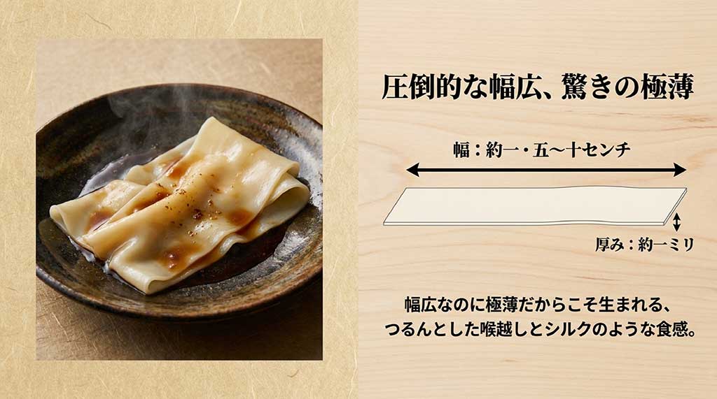 群馬名物ひもかわうどんのサイズ（幅約1.5〜10cm、厚み約1mm）と、つるんとした喉越し・シルクのような食感の解説画像