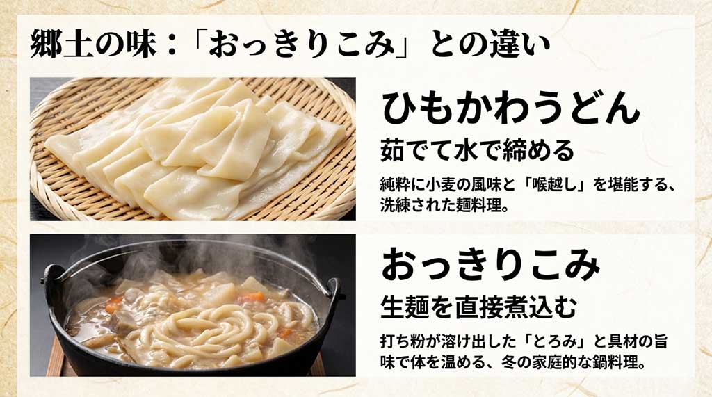 群馬の郷土料理「ひもかわうどん」と「おっきりこみ」の調理工程と食感の違いを解説した比較スライド