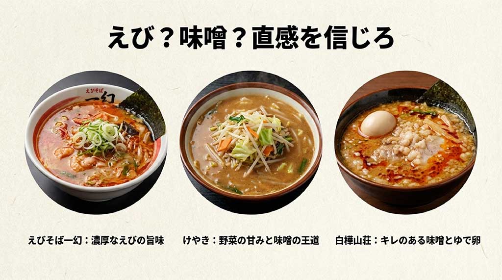 えびそば一幻（海老の旨味）、けやき（野菜の甘みと味噌）、白樺山荘（キレのある味噌とゆで卵）の3杯のラーメン写真と特徴のまとめ