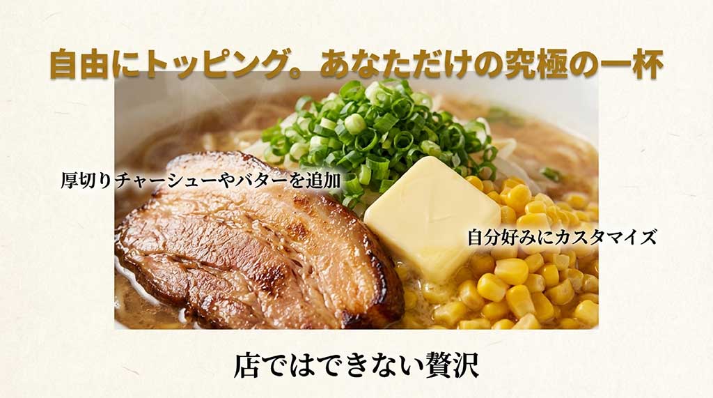 厚切りチャーシューやバターを追加して、自分好みに贅沢にカスタマイズされたラーメンのイメージ