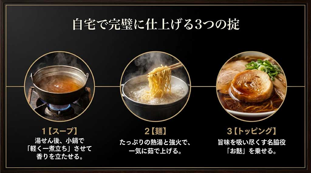 スープの一煮立ち、強火での麺茹で、トッピングにお麩を乗せる調理手順の解説