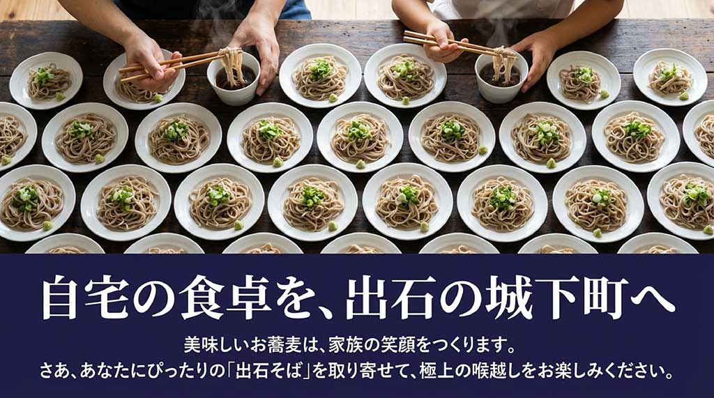 食卓に並んだ大量の出石焼小皿と、家族で楽しそうに出石そばを食べる風景