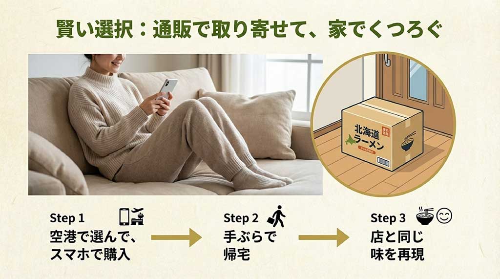 ラーメンの箱が重いことや、格安航空会社（LCC）の手荷物制限に対する注意点、それらを通販で解決する提案